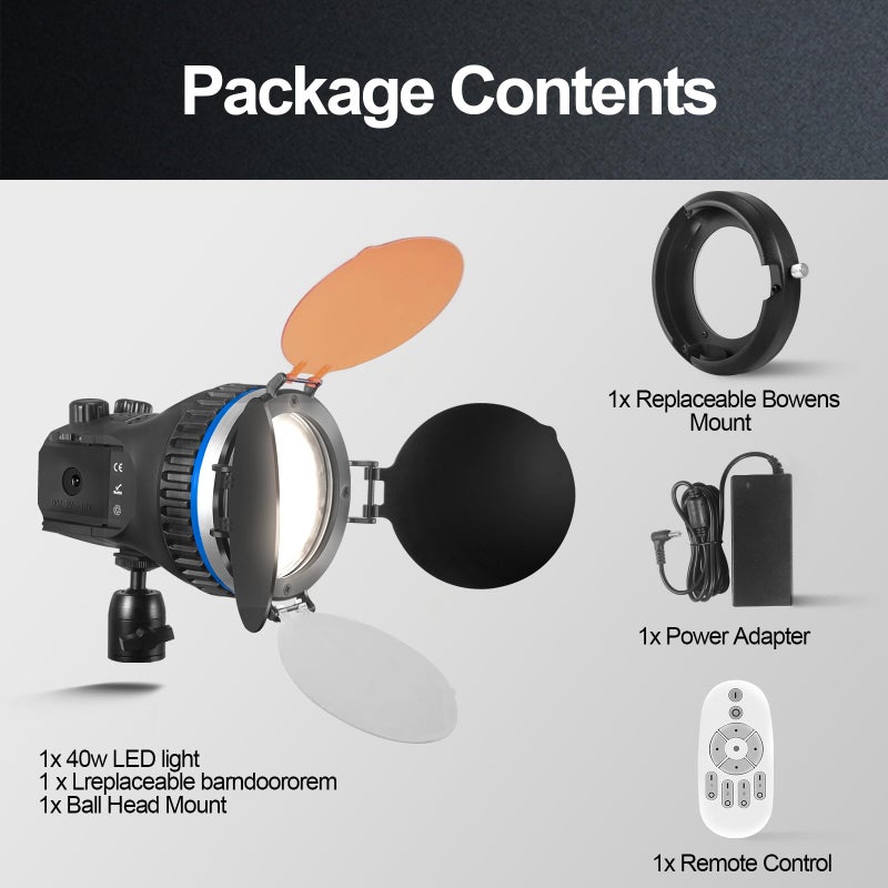 WellMaking 40w AC/DC 5600K Daylight Balanced CRI97+ LCD Screen Portable Continuous Light, Fresnel Lens, Barndoors, Bowens Mount, Dimmable and Quiet for Video Recording,Wedding,Outdoor Shooting - Image 3
